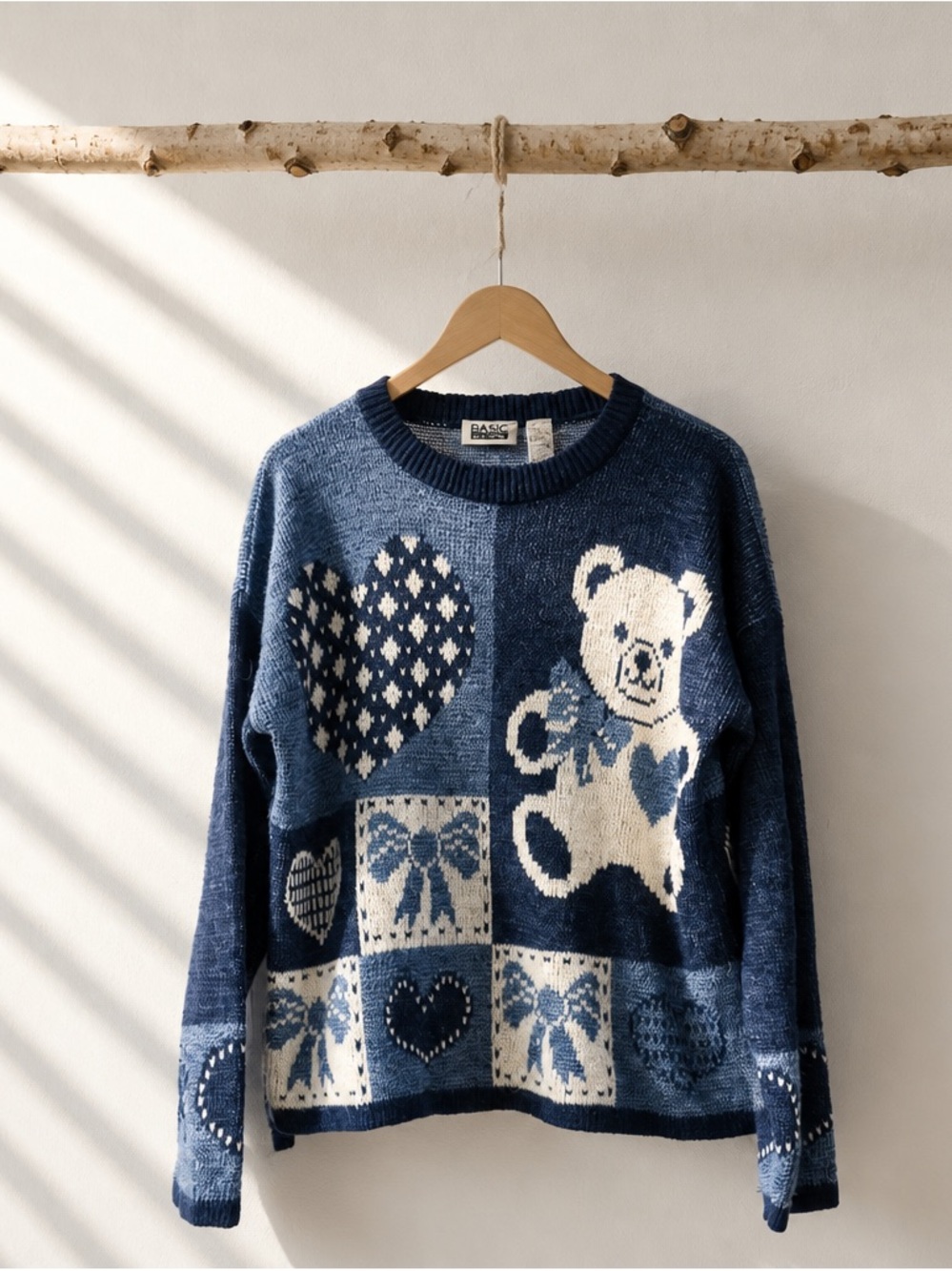 Basic Editions Navy and Cream Teddy Heart Patchwork Crewneck Sweater